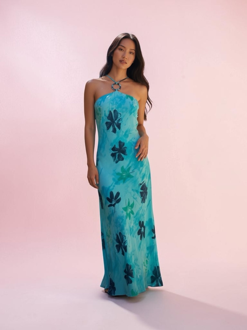 Evan Picone Aqua Floral Halter Maxi Dress with Ring Neckline